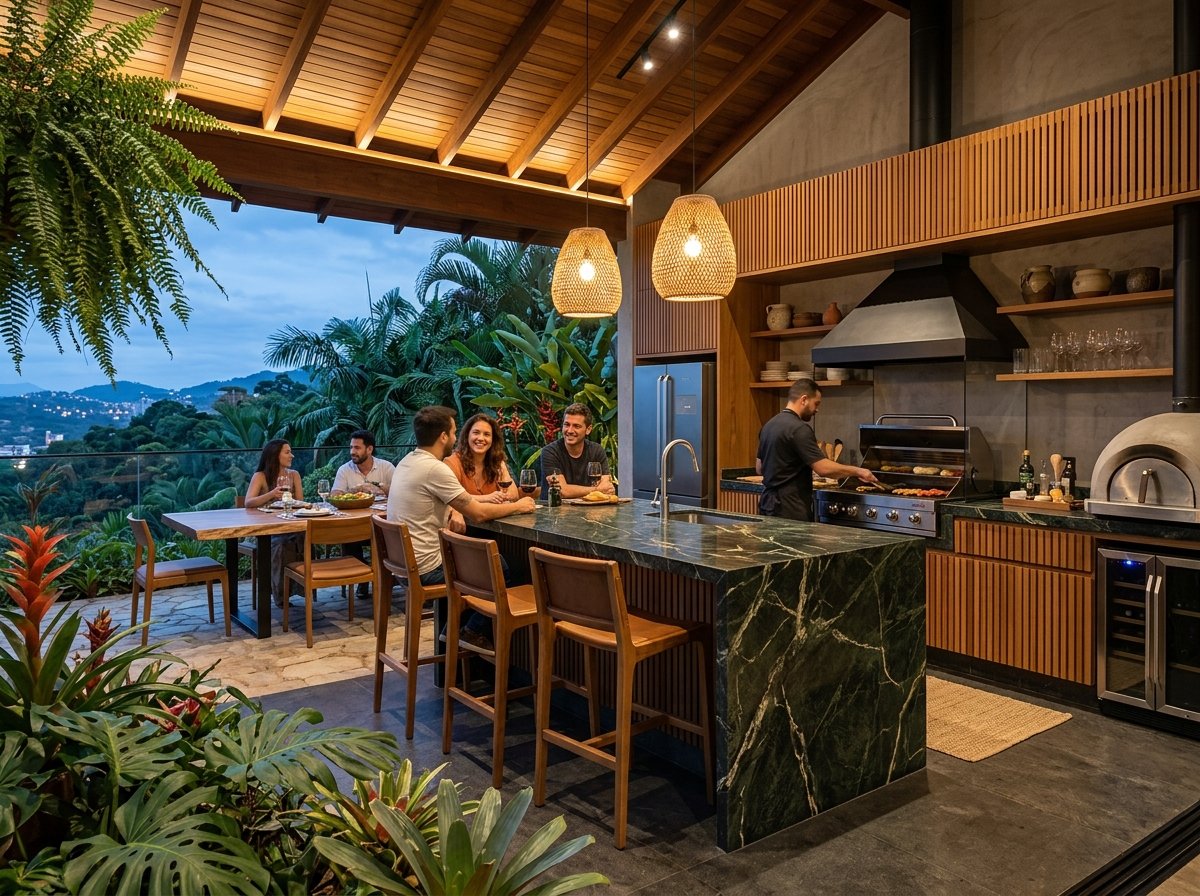 Área gourmet com churrasqueira integrada e bancada em pedra verde
