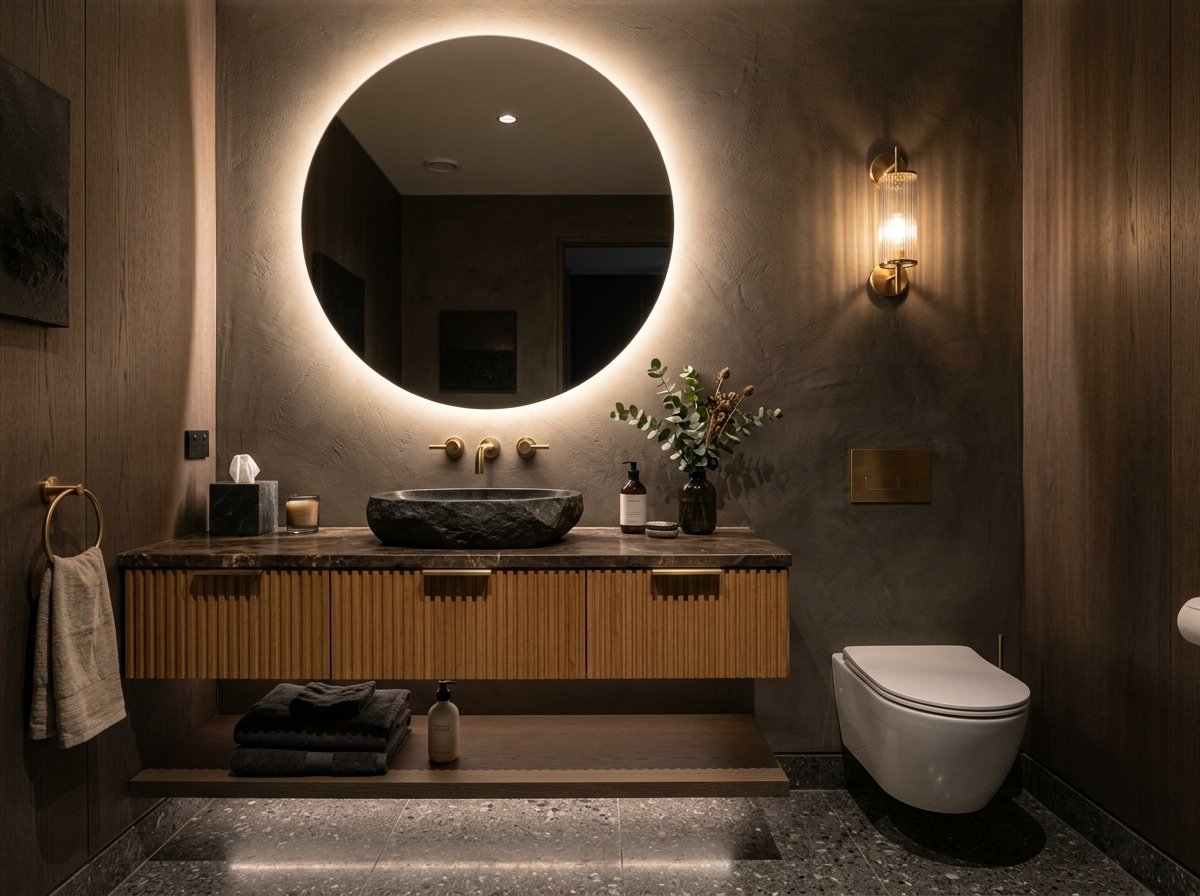 Lavabo moderno com bancada suspensa ripada e espelho circular iluminado