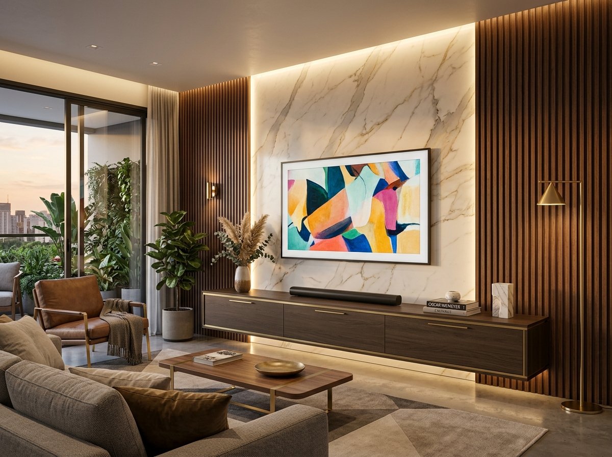 Painel de TV com mármore Calacatta retroiluminado e ripado de madeira